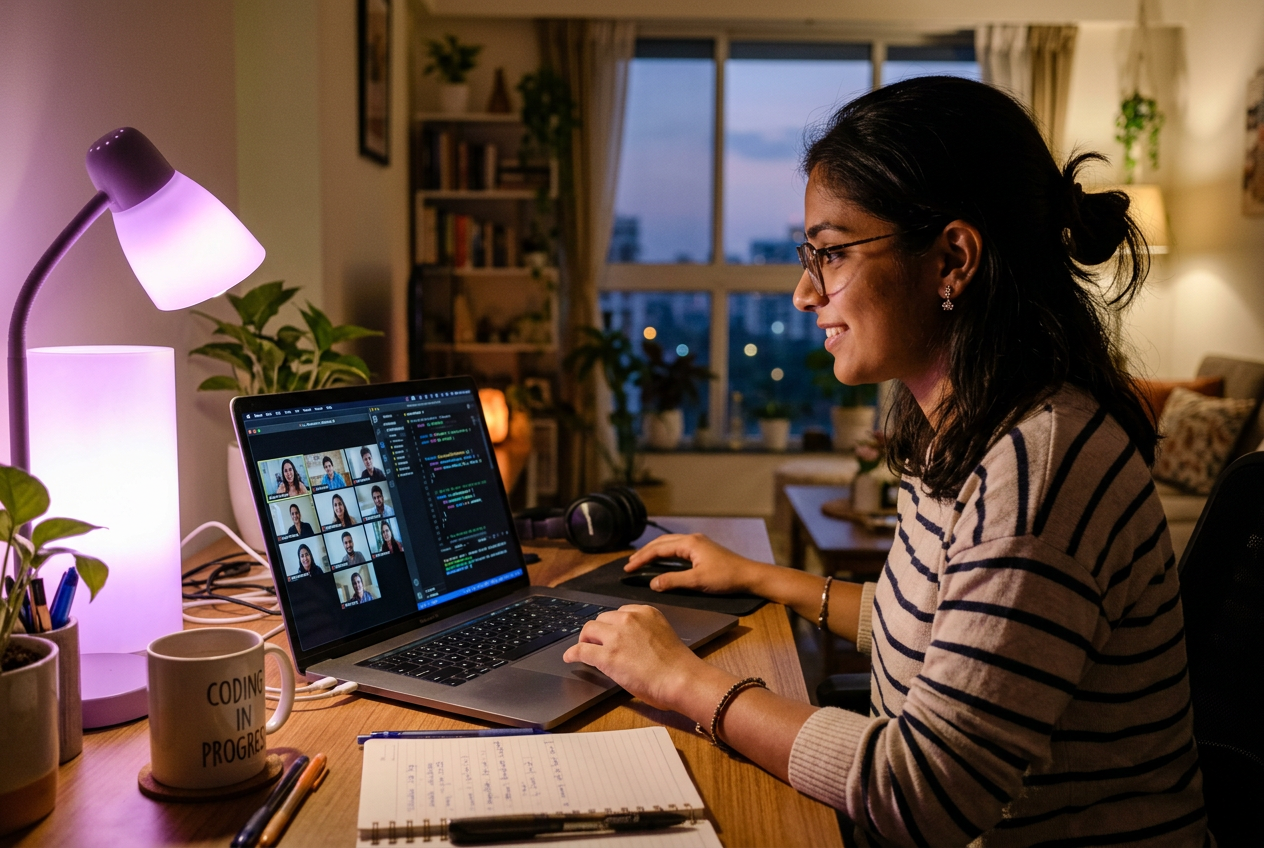 A learner attending live ServiceNow online training from home